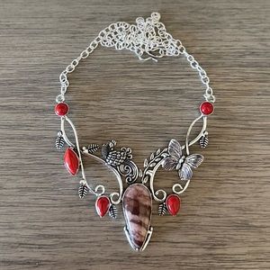 0632 Hand Crafted Silver & Red Peacock Statement Necklace with Filigree Accents